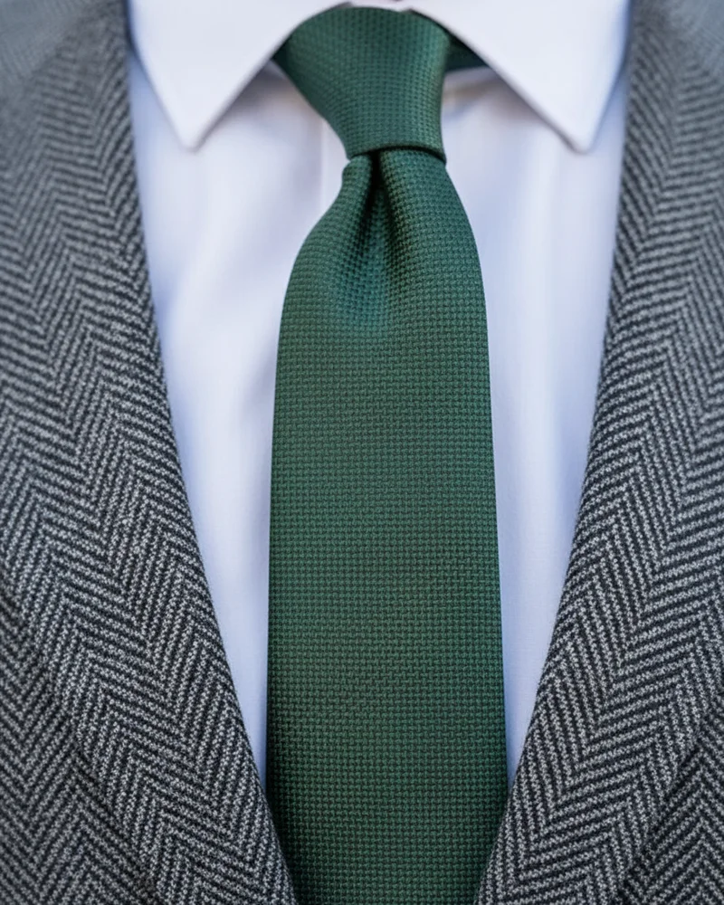 Grey Herringbone Suit - Green Tie detail - Savas Textile