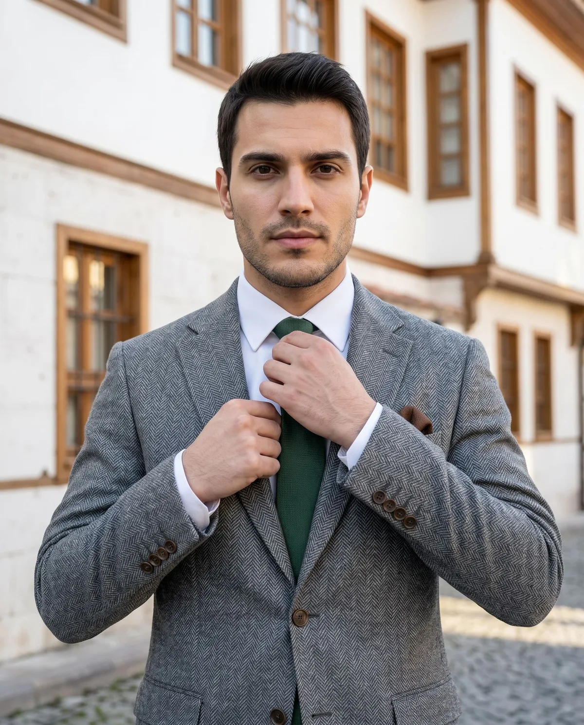 Grey Herringbone Suit - Green Tie detail - Savas Textile