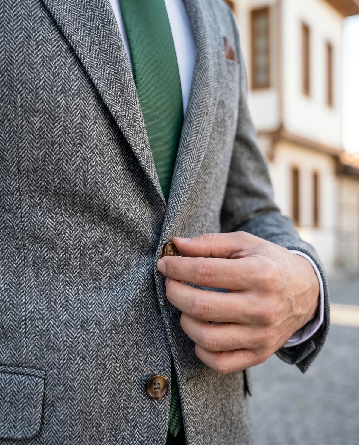 Grey Herringbone Suit - Green Tie detail - Savas Textile