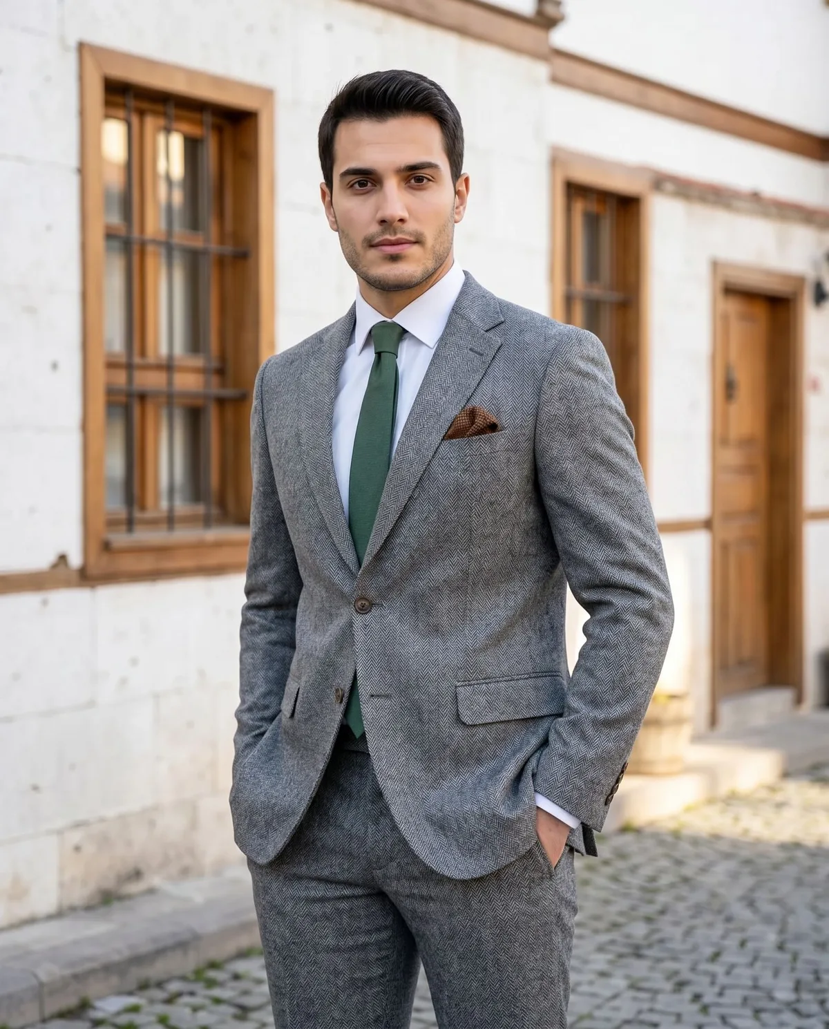 Grey Herringbone Suit - Green Tie detail - Savas Textile