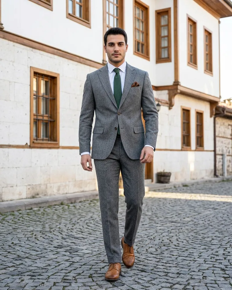Grey Herringbone Suit - Green Tie - Suits by Savas Textile