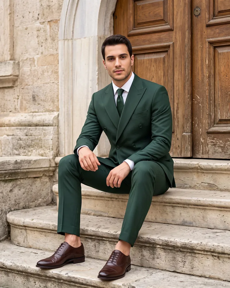 Green Double-Breasted Suit Premium Set - Premium Turkish Suits by Savas Textile