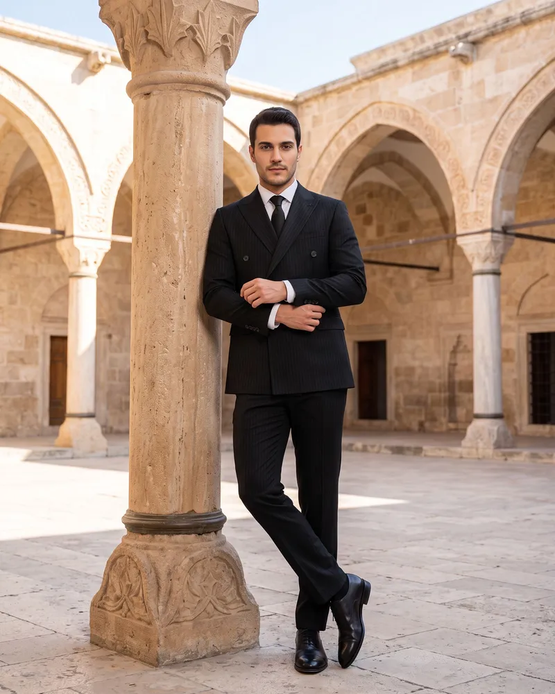 Black Faint Chalk-Stripe Double-Breasted Suit - Premium Turkish Suits by Savas Textile