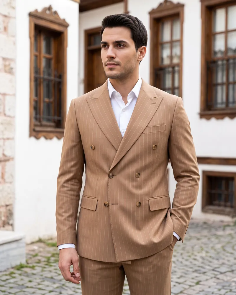Light Brown Faint-Stripe Double-Breasted Suit - Premium Turkish Suits by Savas Textile
