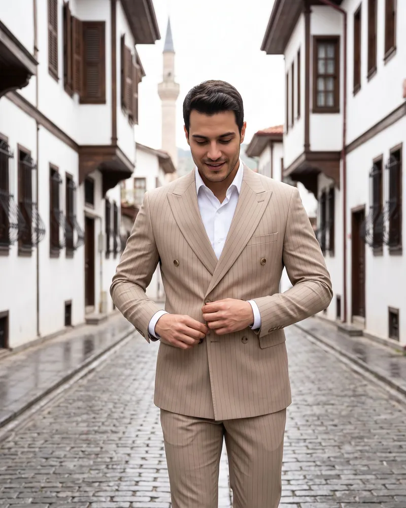 Beige Tonal-Stripe Double-Breasted Suit - Premium Turkish Suits by Savas Textile