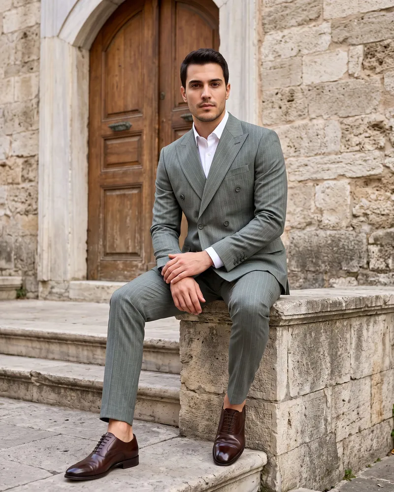 Grey-Green Faint-Stripe Double-Breasted Suit - Premium Turkish Suits by Savas Textile