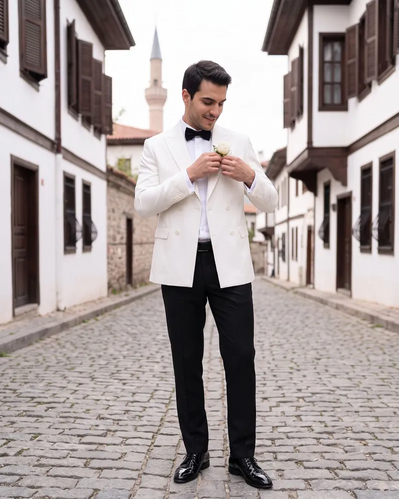 White Double-Breasted Wedding Suit Full Set - Wedding Suits by Savas Textile