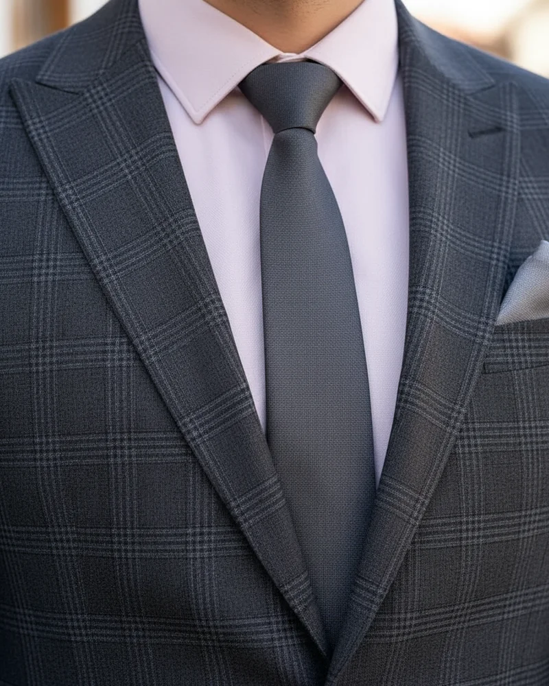 Charcoal Check Suit - Pink Shirt detail - Savas Textile
