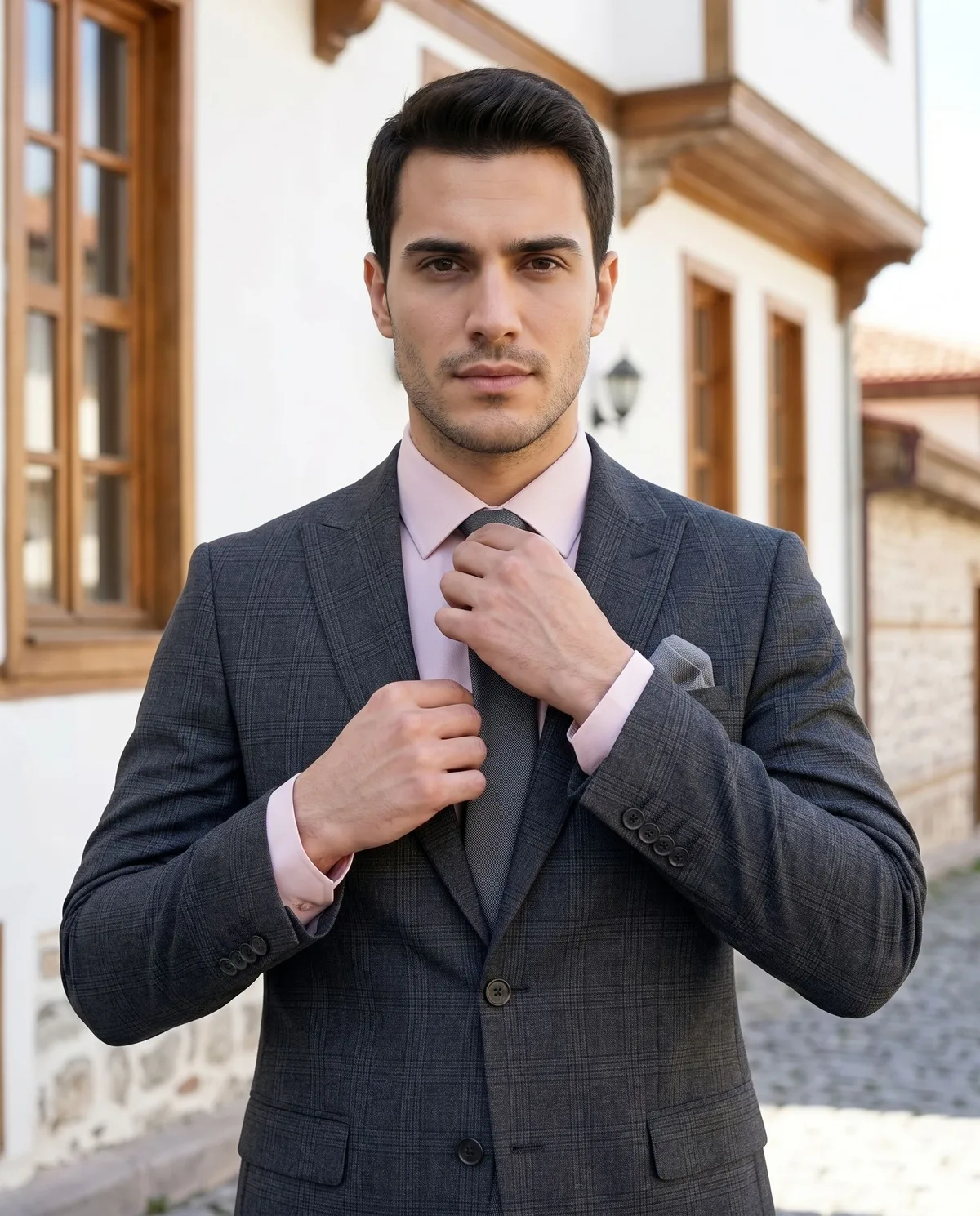Charcoal Check Suit - Pink Shirt detail - Savas Textile