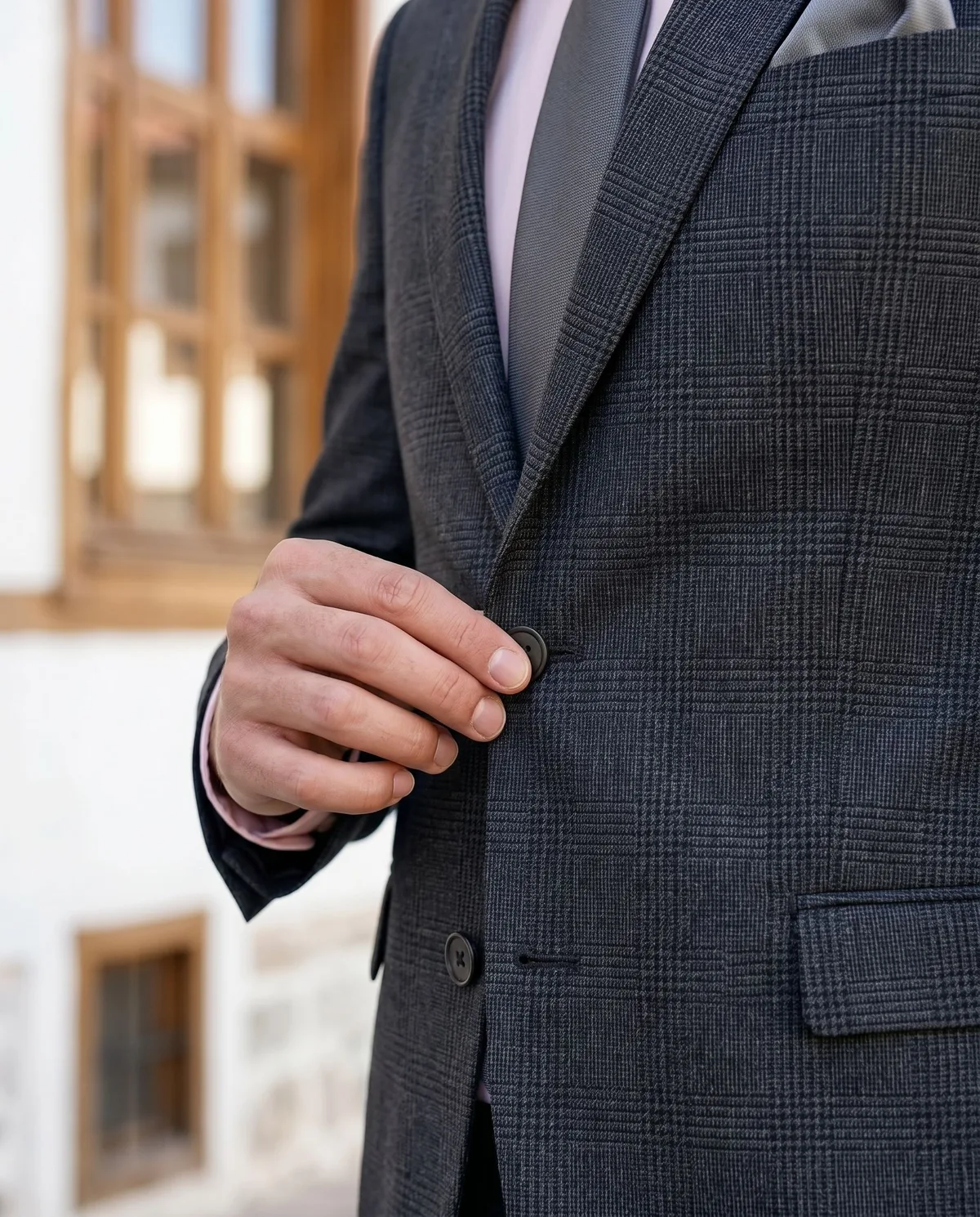 Charcoal Check Suit - Pink Shirt detail - Savas Textile