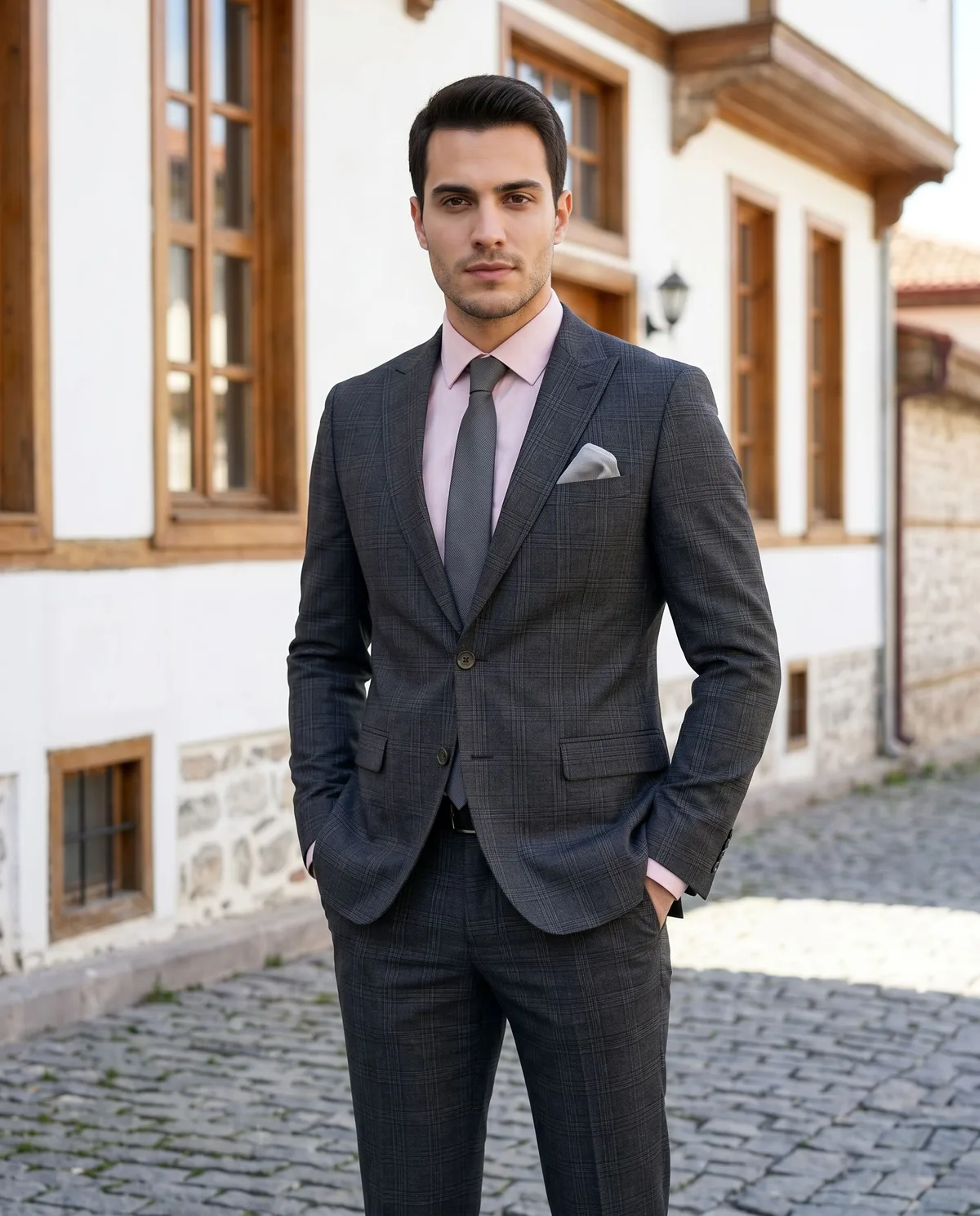 Charcoal Check Suit - Pink Shirt detail - Savas Textile
