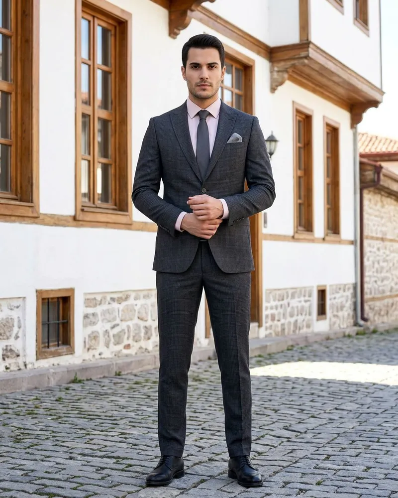 Charcoal Check Suit - Pink Shirt - Suits by Savas Textile