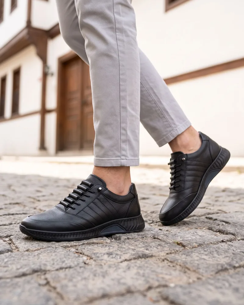 Black Leather Elastic-Lace Sneakers - Shoes by Savas Textile