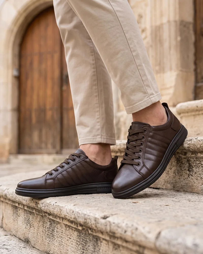Brown Leather Striped Sneakers - Shoes by Savas Textile