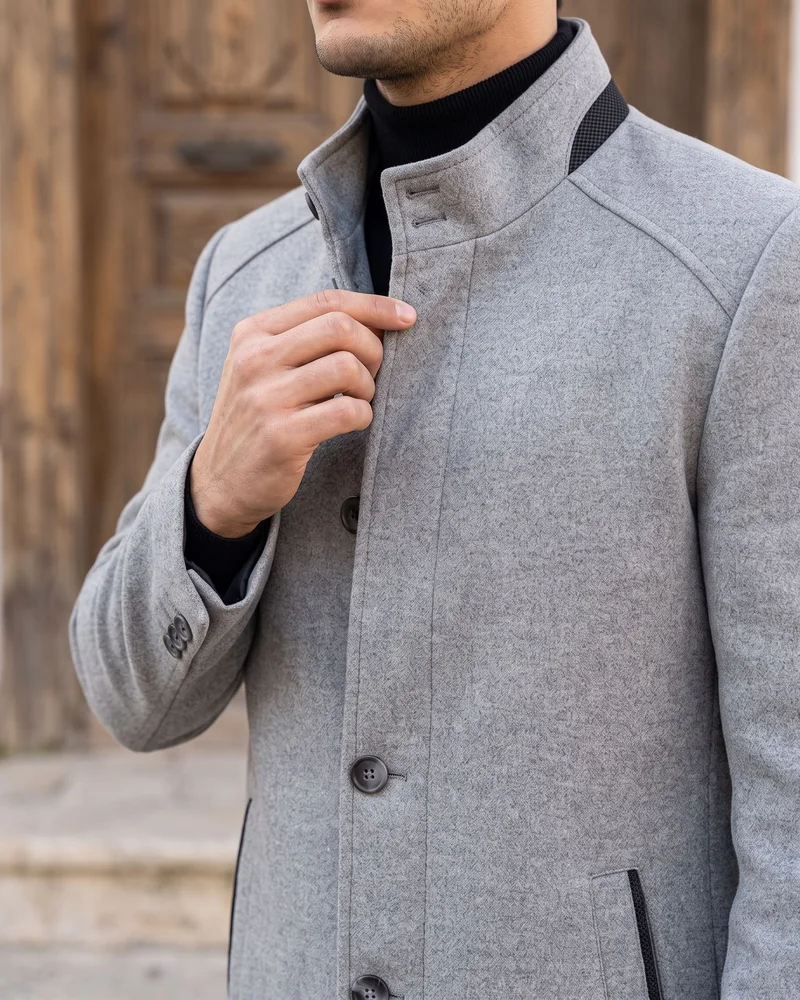 Grey Stand-Collar Coat detail - Savas Textile
