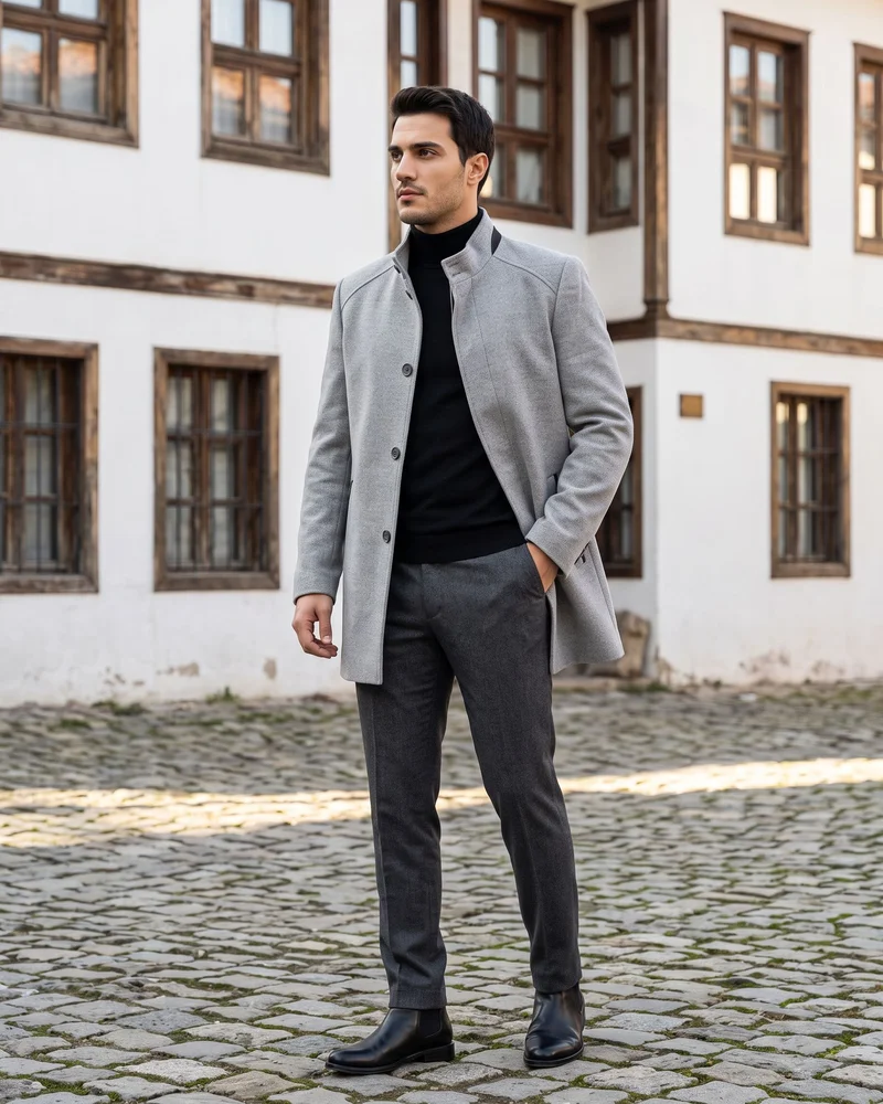 Grey Stand-Collar Coat - Outerwear by Savas Textile