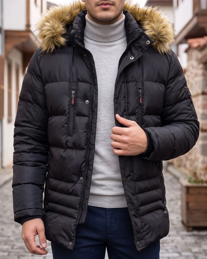 Black Faux-Fur Hooded Puffer Jacket detail - Savas Textile