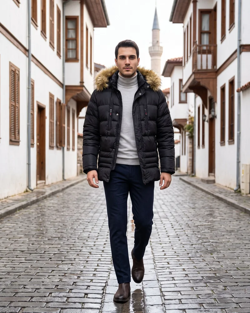 Black Faux-Fur Hooded Puffer Jacket - Outerwear by Savas Textile