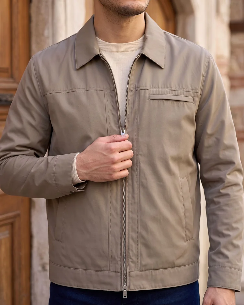 Khaki Shirt-Collar Transitional Jacket detail - Savas Textile