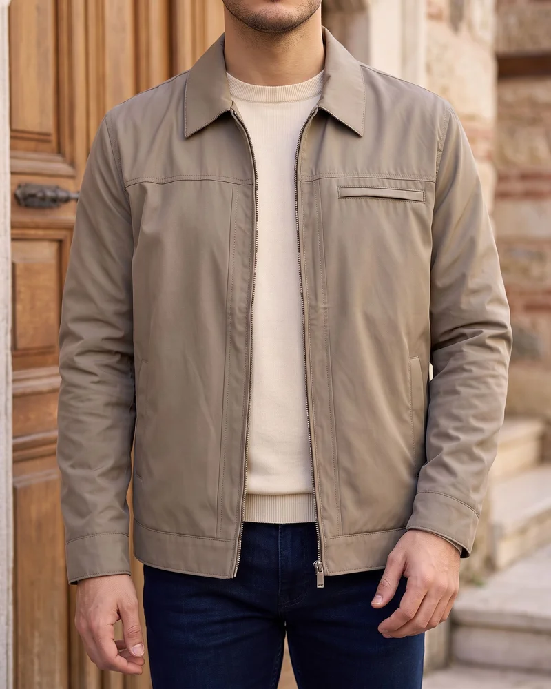 Khaki Shirt-Collar Transitional Jacket detail - Savas Textile