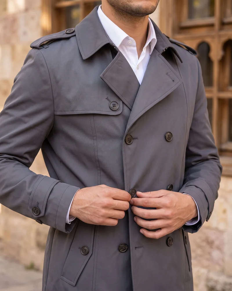 Grey Double-Breasted Short Trench Coat detail - Savas Textile