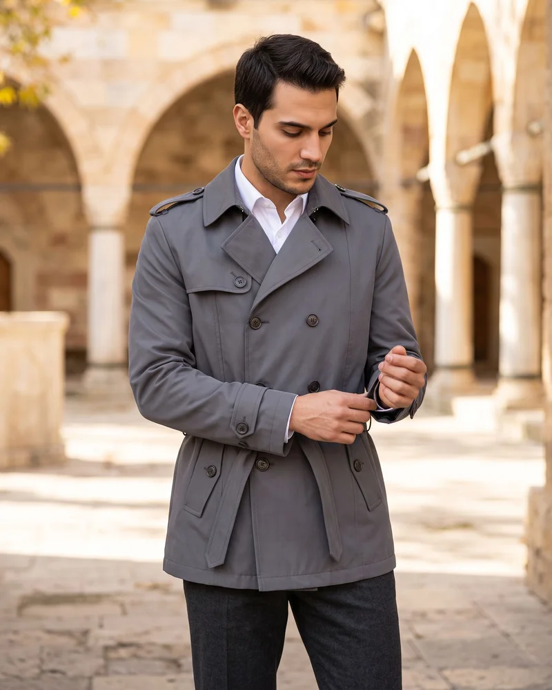 Grey Double-Breasted Short Trench Coat - Outerwear by Savas Textile