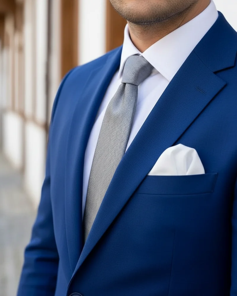 Blue Slim Fit Suit - Grey Tie detail - Savas Textile