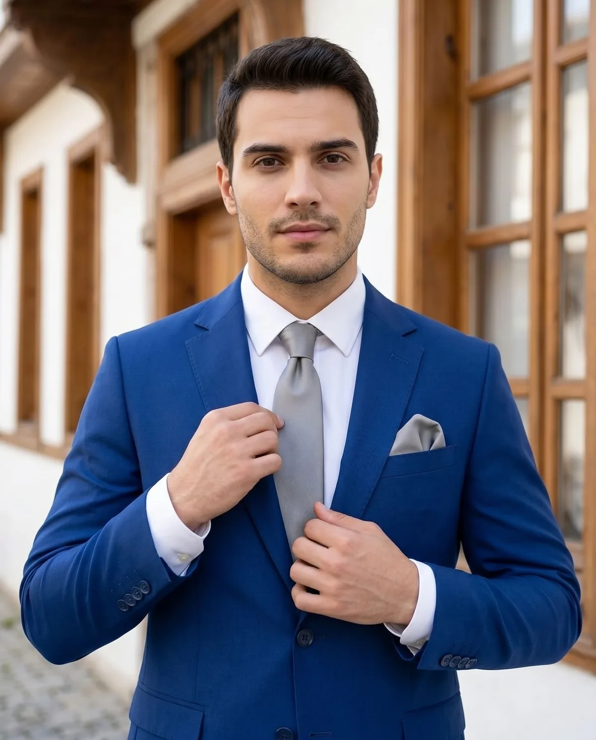 Blue Slim Fit Suit - Grey Tie detail - Savas Textile