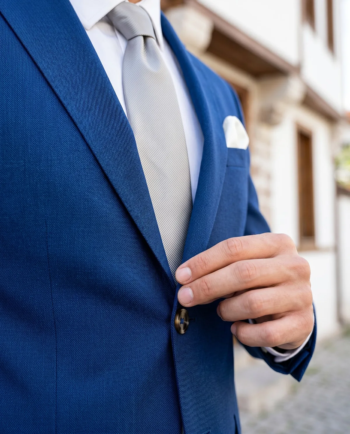 Blue Slim Fit Suit - Grey Tie detail - Savas Textile