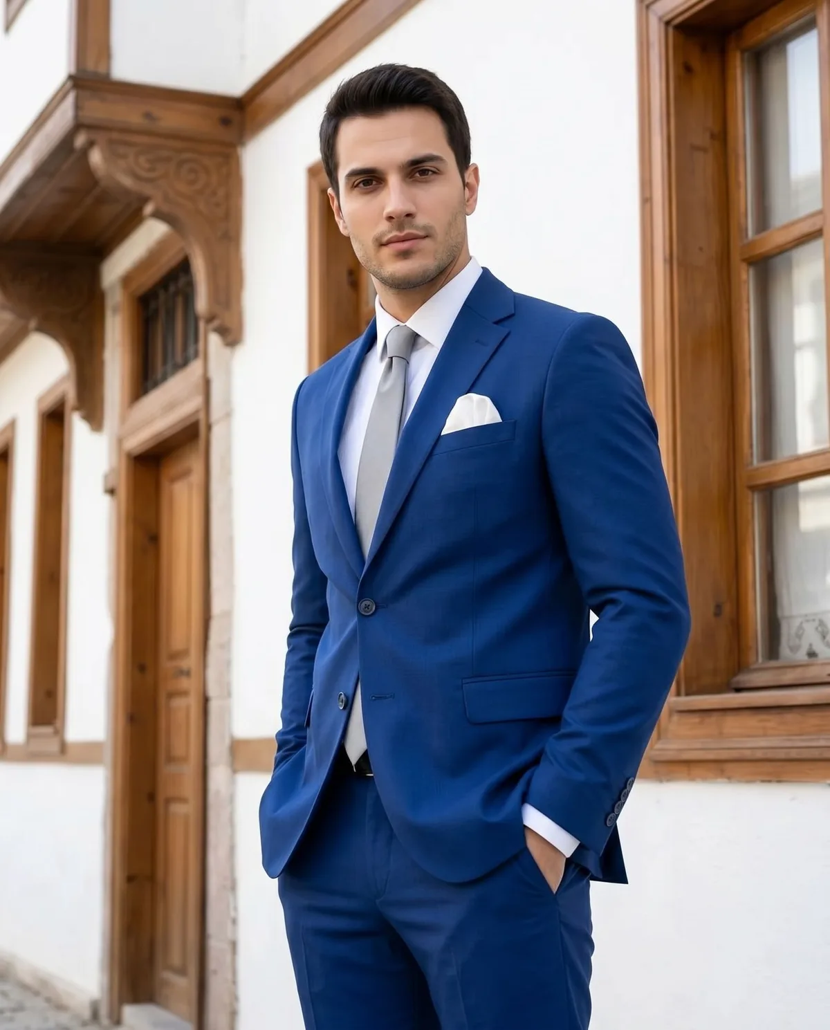 Blue Slim Fit Suit - Grey Tie detail - Savas Textile