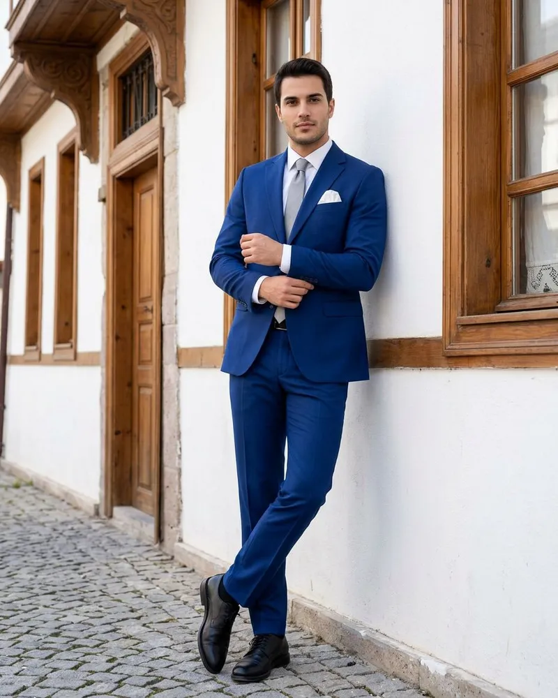 Blue Slim Fit Suit - Grey Tie - Suits by Savas Textile