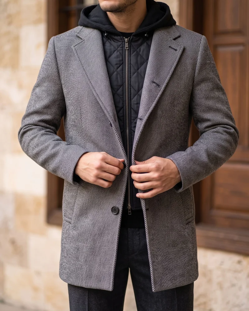 Grey Herringbone Hooded Coat detail - Savas Textile