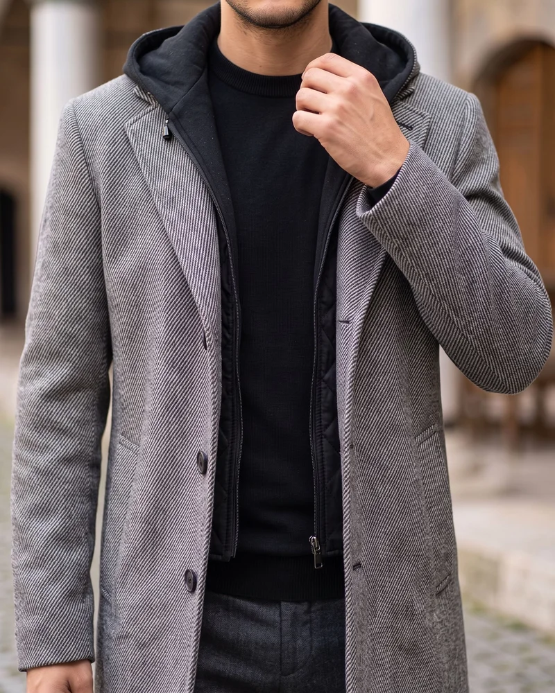 Grey Herringbone Hooded Coat detail - Savas Textile