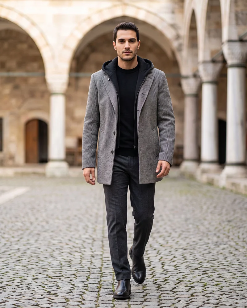 Grey Herringbone Hooded Coat - Outerwear by Savas Textile