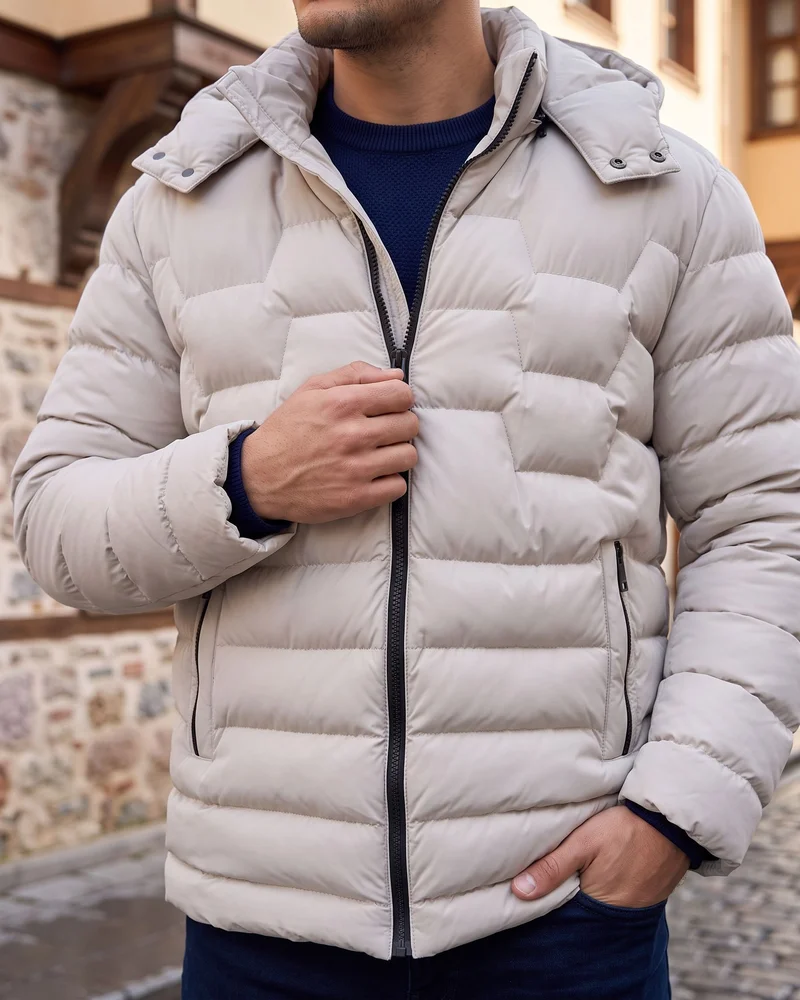 Stone Grey Hooded Puffer Jacket detail - Savas Textile
