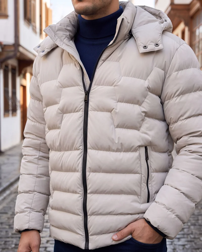 Stone Grey Hooded Puffer Jacket detail - Savas Textile
