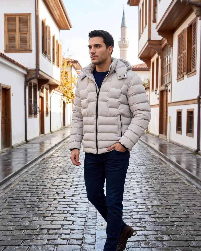 Stone Grey Hooded Puffer Jacket - Outerwear by Savas Textile