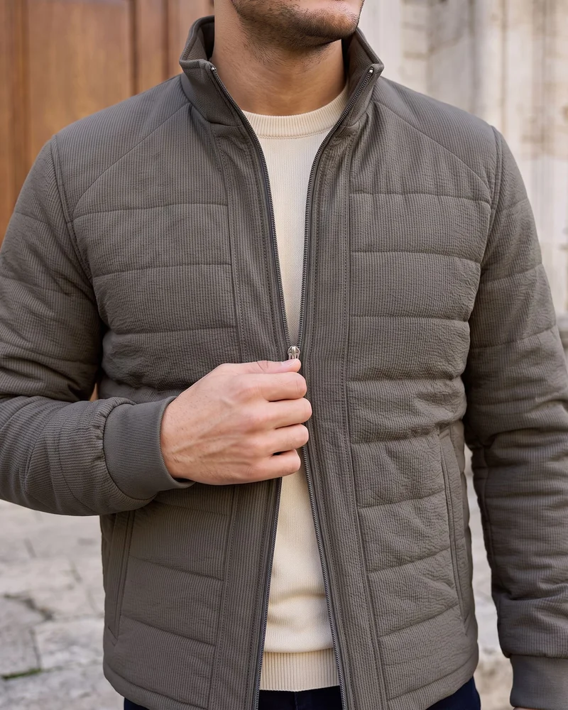 Khaki Quilted Stand-Collar Jacket detail - Savas Textile