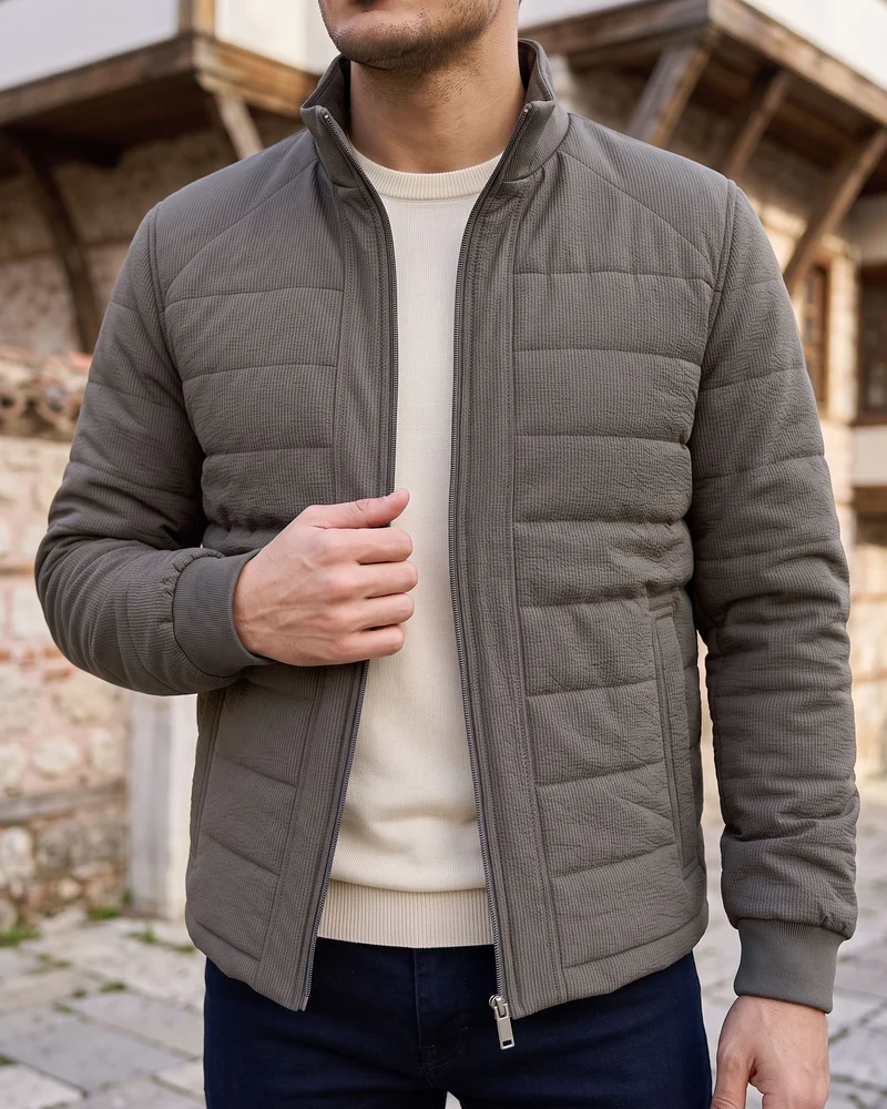 Khaki Quilted Stand-Collar Jacket detail - Savas Textile