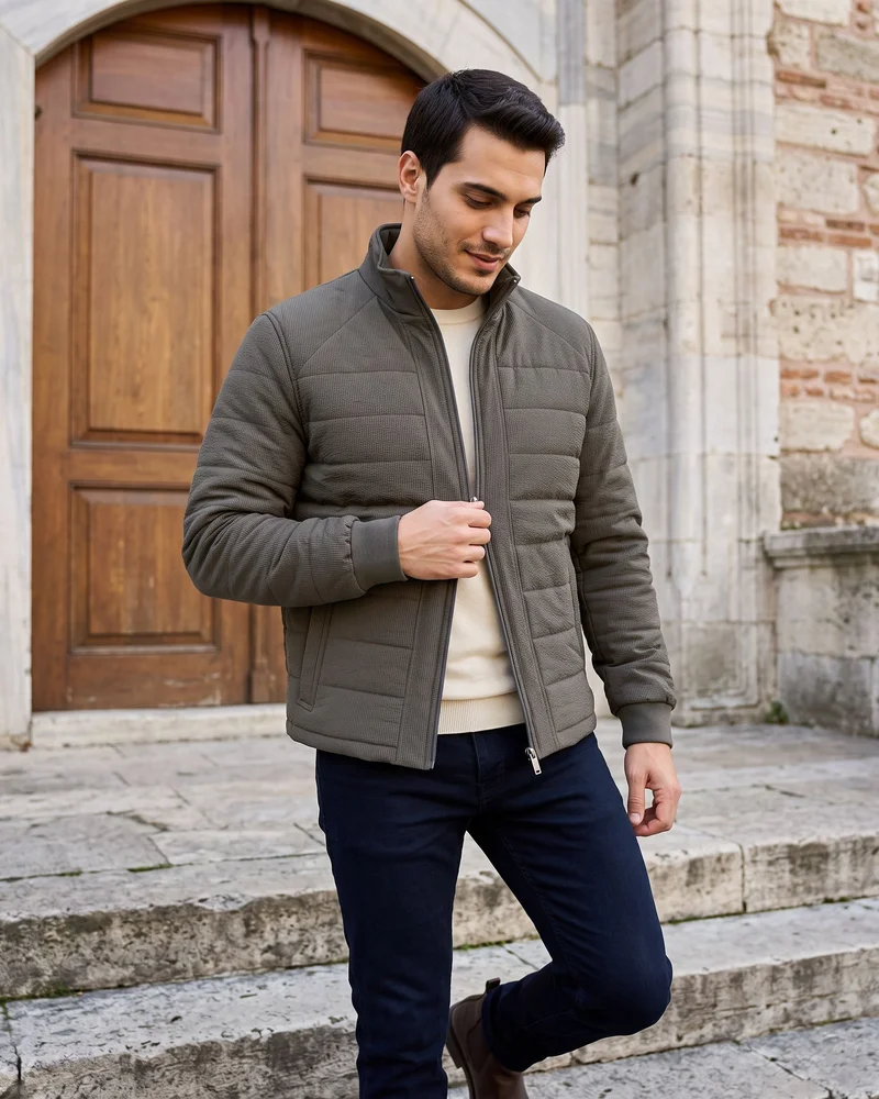 Khaki Quilted Stand-Collar Jacket - Outerwear by Savas Textile