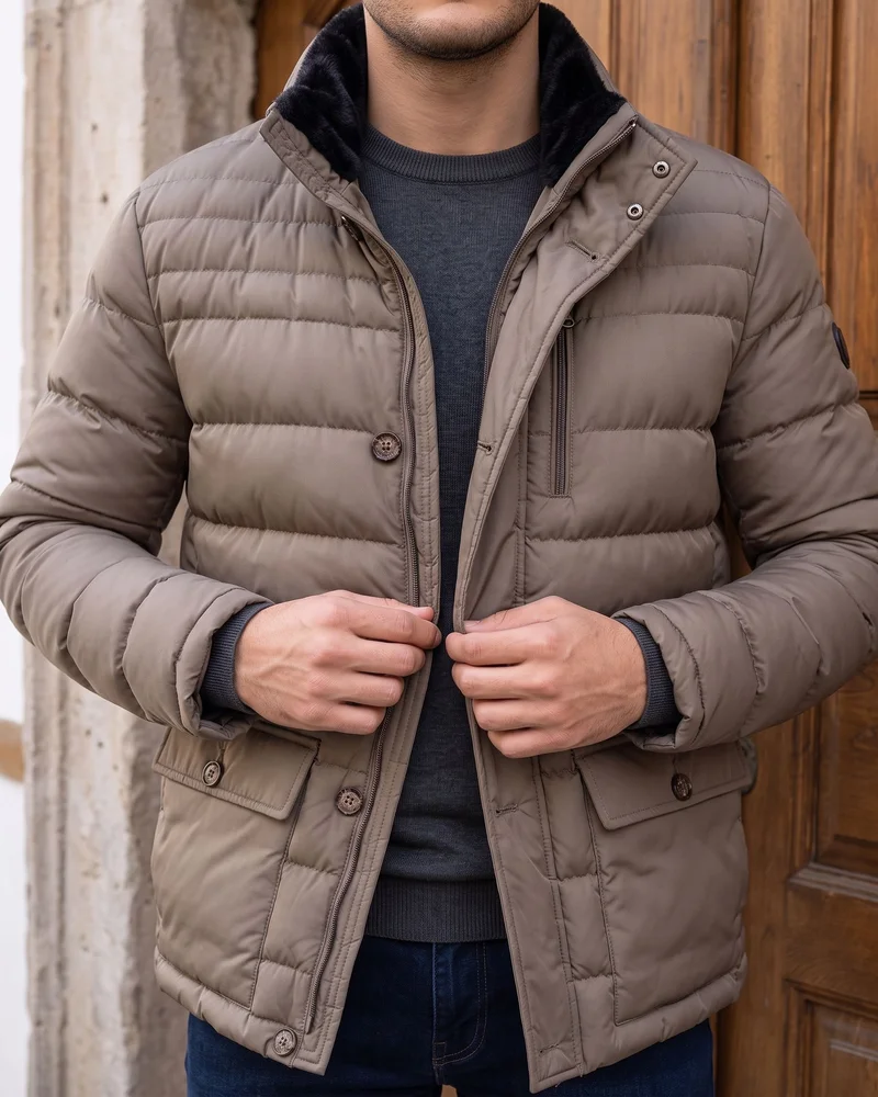 Taupe Faux-Fur Collar Puffer Jacket detail - Savas Textile