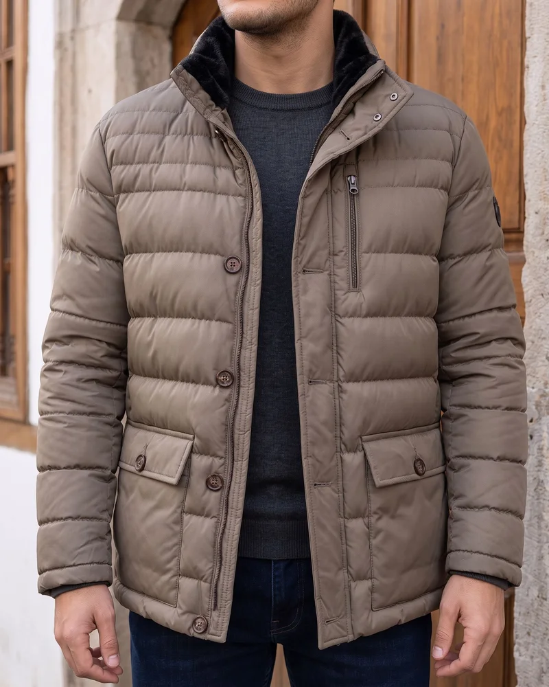 Taupe Faux-Fur Collar Puffer Jacket detail - Savas Textile