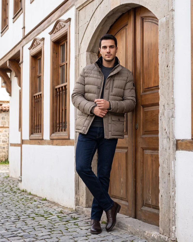 Taupe Faux-Fur Collar Puffer Jacket - Outerwear by Savas Textile