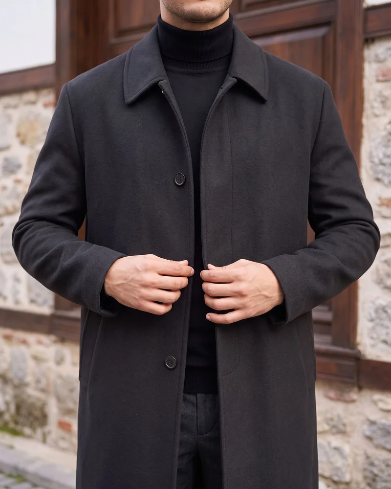 Charcoal Long Overcoat detail - Savas Textile