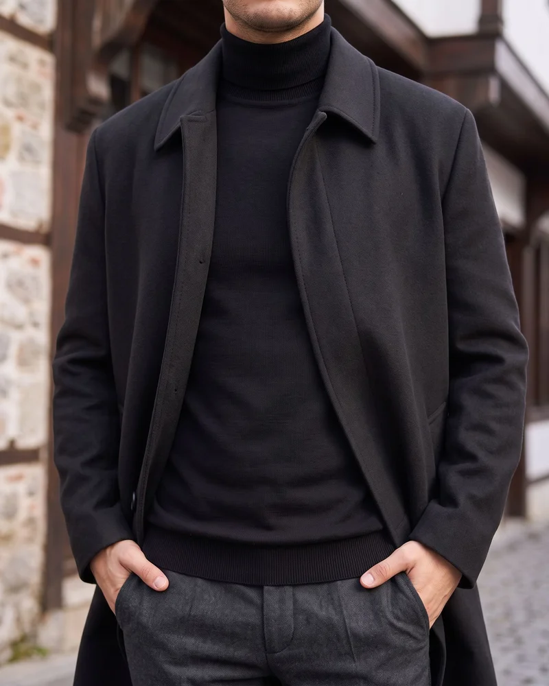 Charcoal Long Overcoat detail - Savas Textile
