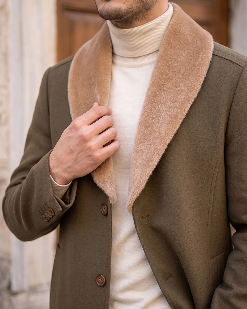 Khaki Plush Shawl-Collar Coat detail - Savas Textile