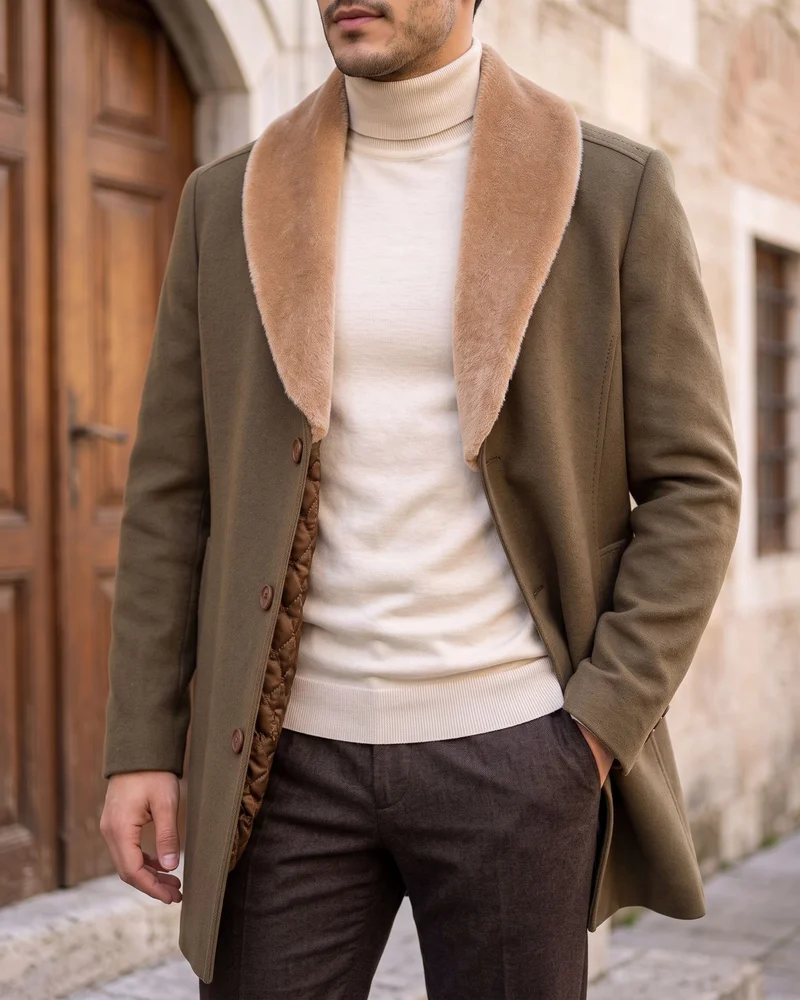 Khaki Plush Shawl-Collar Coat detail - Savas Textile