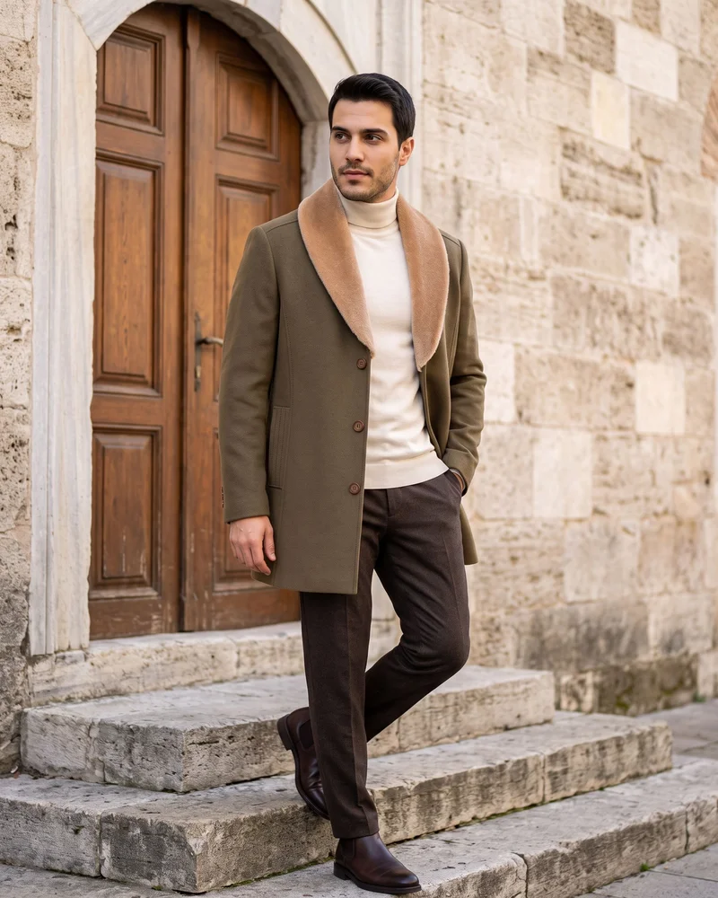 Khaki Plush Shawl-Collar Coat - Outerwear by Savas Textile
