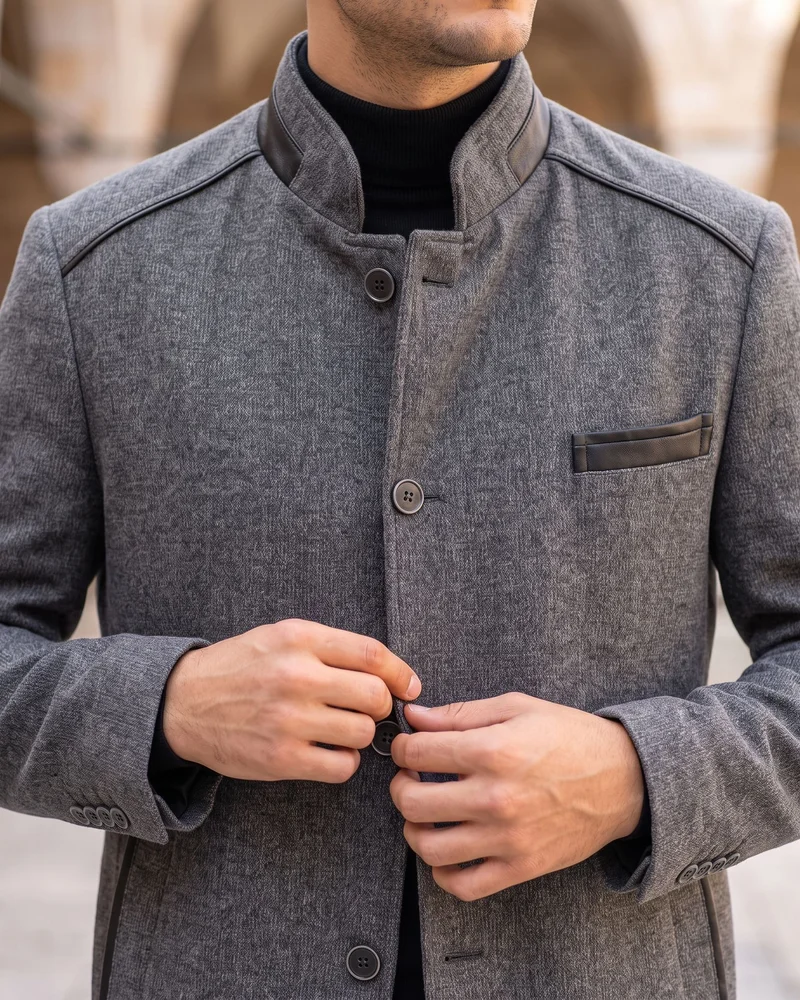 Grey Tweed Stand-Collar Coat detail - Savas Textile