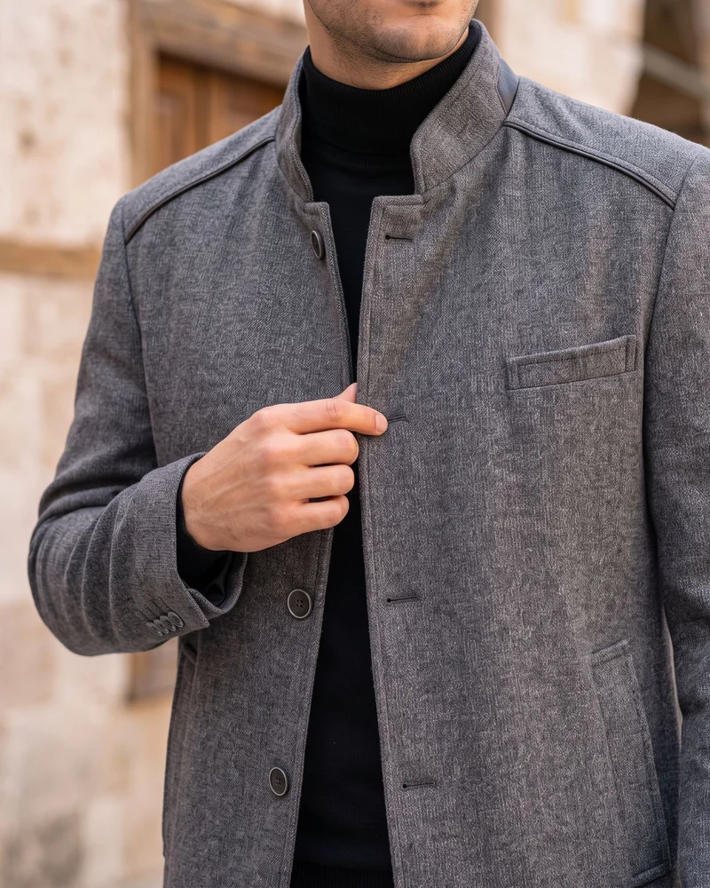 Grey Tweed Stand-Collar Coat detail - Savas Textile